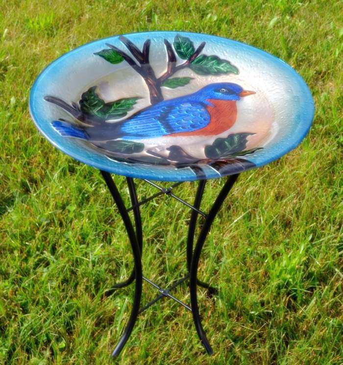 Embossed Bluebird Glass Bird Bath w/Stand